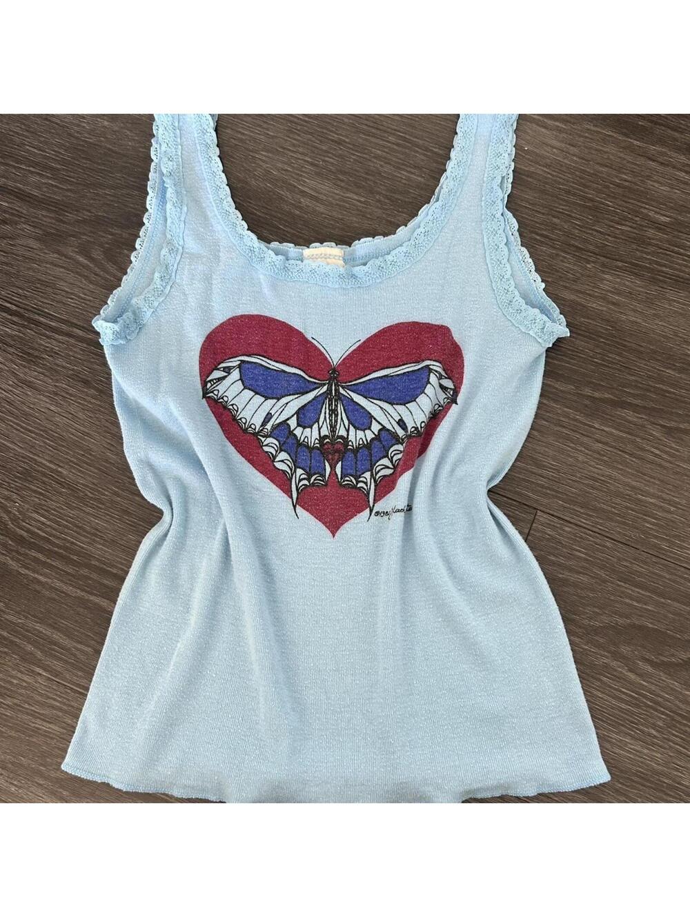 Y2k Blue butterfly tank top with lace trim